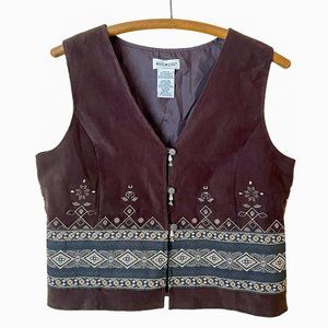 Vintage Y2K Boho Vest Western Embroidered 2000s 00s Faux Leather Top Hippy